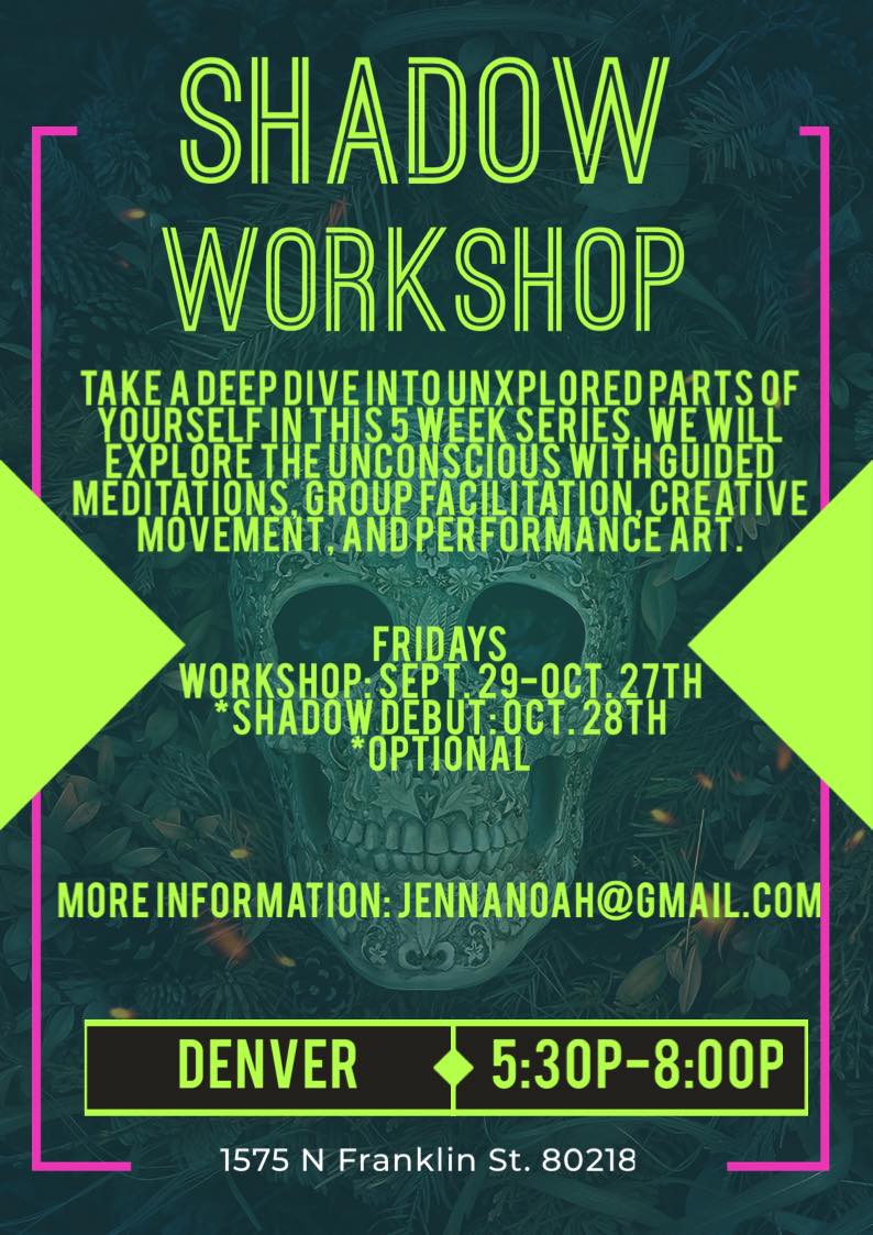 promotional event flier with a teal colored skull overlayed by bright green text