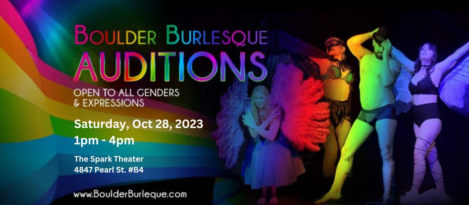 promotional banner with dancing figures with arms raised in the air, portrayed in rainbow colors